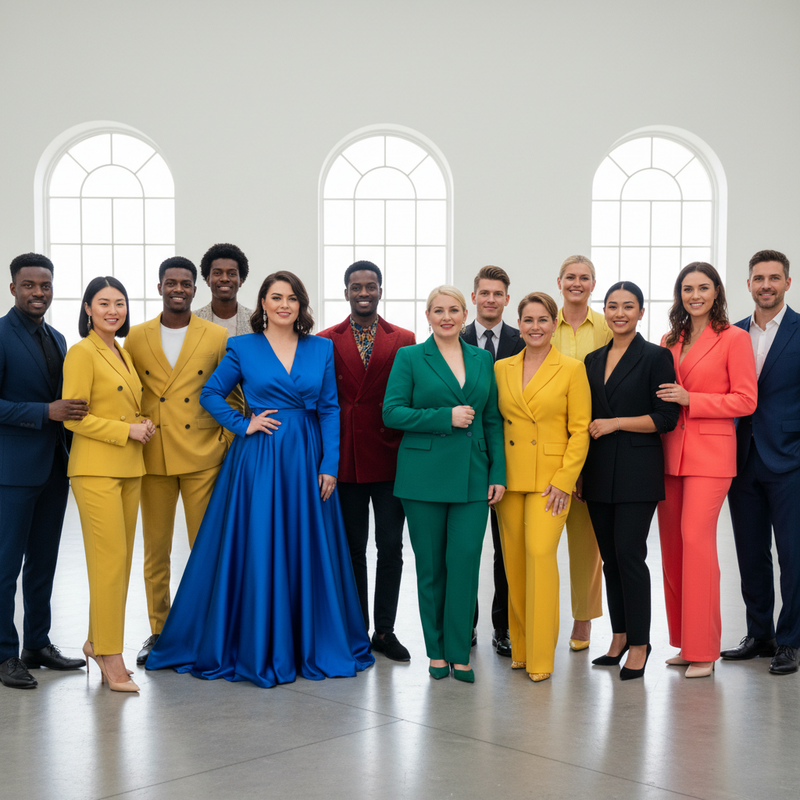 Een diverse groep mensen van verschillende leeftijden, etniciteiten en lichaamstypes. Ze dragen elegante, kleurrijke luxe kleding. De setting is een minimalistisch, modern gebouw. De foto toont een gevoel van inclusiviteit en zelfvertrouwen.
